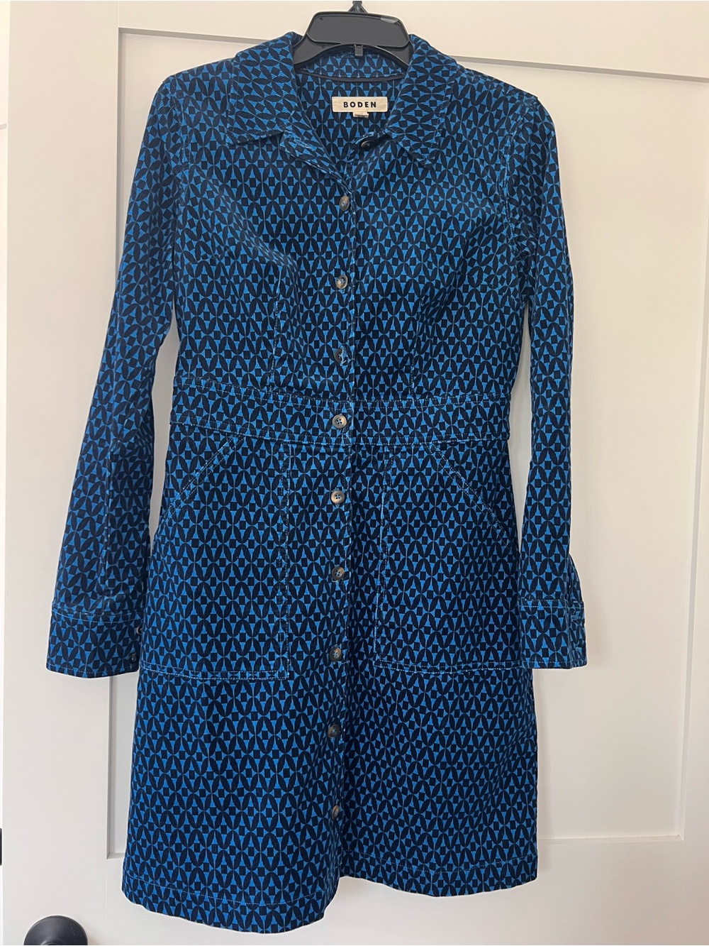 Boden Blue and Navy Geometric Button-Front Long-Sleeve Dress